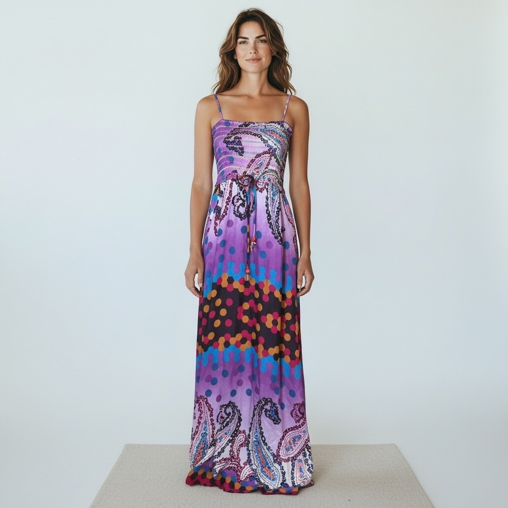 Ark & Co Smocked Maxi Dress Purple Paisley Geometric Spaghetti Strap Size S
